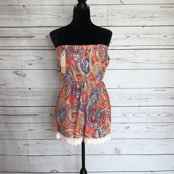 YMI Pants - YMI Orange Paisley Romper with Lace Trim